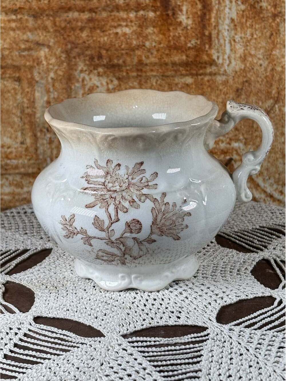 Antique Stained Brown Transferware Sugar Pot